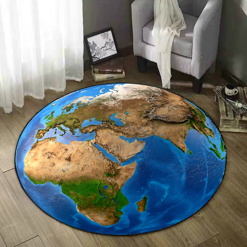 Round Blue Tone Earth Print Rug Polyester Carpet Creative Stain Resistant Indoor Rug for Living Room