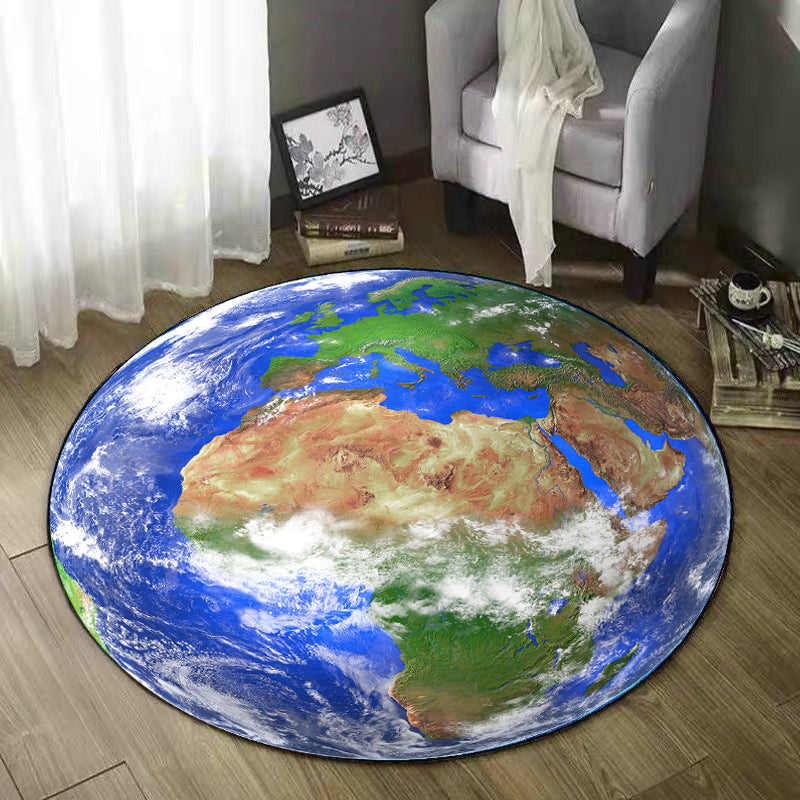 Round Blue Tone Earth Print Rug Polyester Carpet Creative Stain Resistant Indoor Rug for Living Room