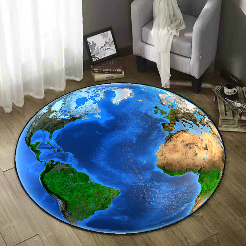 Round Blue Tone Earth Print Rug Polyester Carpet Creative Stain Resistant Indoor Rug for Living Room