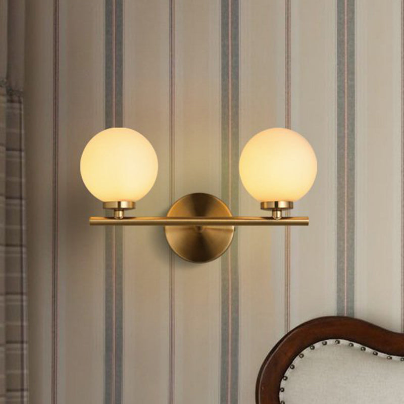2 Bulbs Bedside Wall Lamp Modern Gold Sconce Light Fixture with Ball Milky Glass Shade