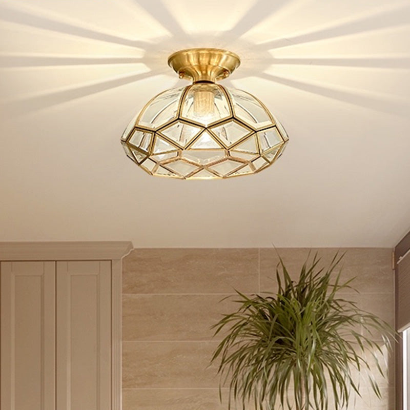 Ceiling Mounted Fixture Classic Style Shaded Glass Close to Ceiling Lighting Fixture in Brass
