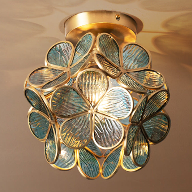 Ceiling Mounted Fixture Classic Style Shaded Glass Close to Ceiling Lighting Fixture in Brass