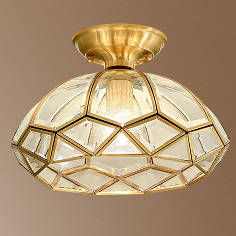 Ceiling Mounted Fixture Classic Style Shaded Glass Close to Ceiling Lighting Fixture in Brass