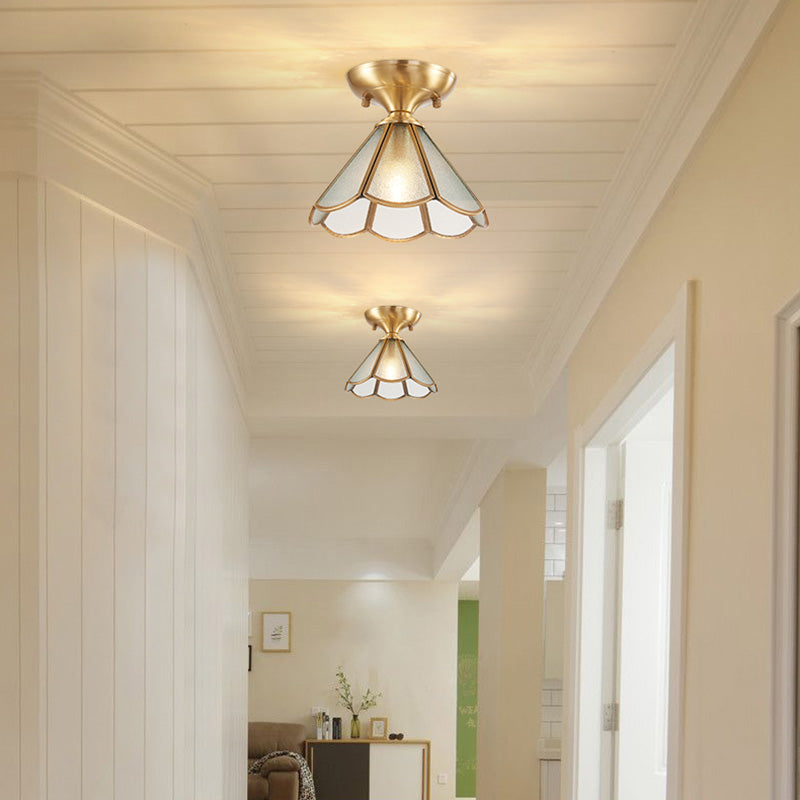 Ceiling Mounted Fixture Classic Style Shaded Glass Close to Ceiling Lighting Fixture in Brass