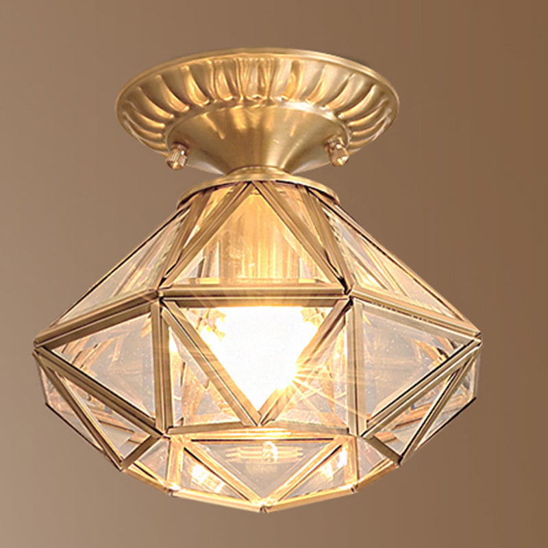 Ceiling Mounted Fixture Classic Style Shaded Glass Close to Ceiling Lighting Fixture in Brass
