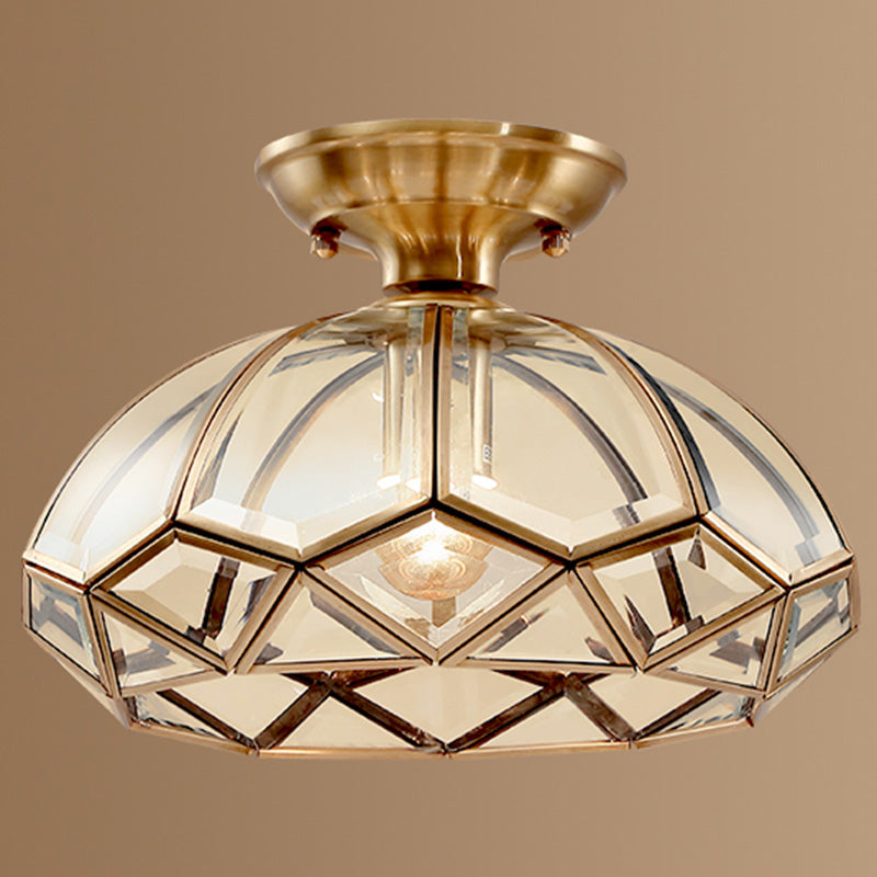 Ceiling Mounted Fixture Classic Style Shaded Glass Close to Ceiling Lighting Fixture in Brass