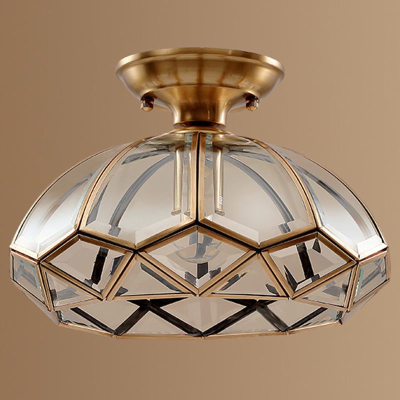 Ceiling Mounted Fixture Classic Style Shaded Glass Close to Ceiling Lighting Fixture in Brass