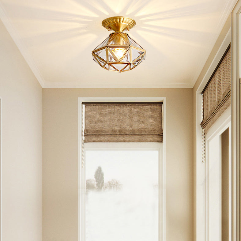 Ceiling Mounted Fixture Classic Style Shaded Glass Close to Ceiling Lighting Fixture in Brass