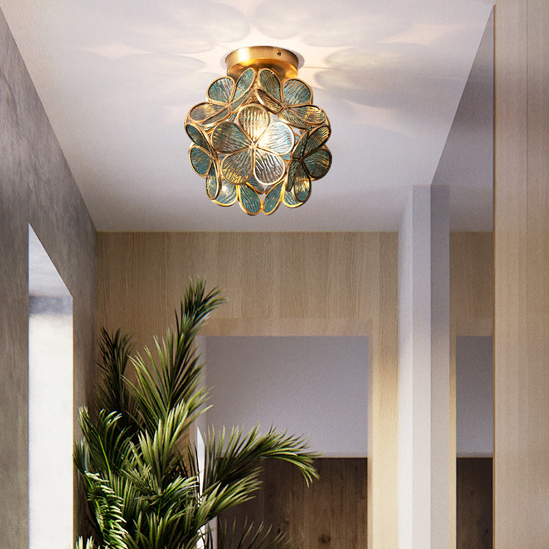 Ceiling Mounted Fixture Classic Style Shaded Glass Close to Ceiling Lighting Fixture in Brass