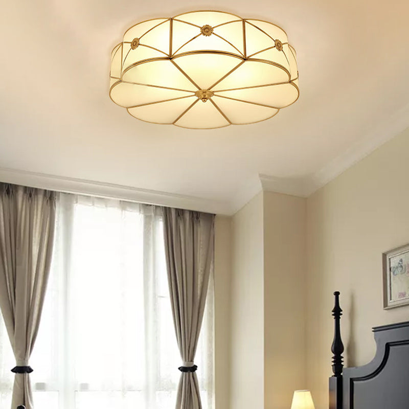 Brass Shaded Ceiling Mounted Fixture Traditional Bedroom Close to Ceiling Chandelier