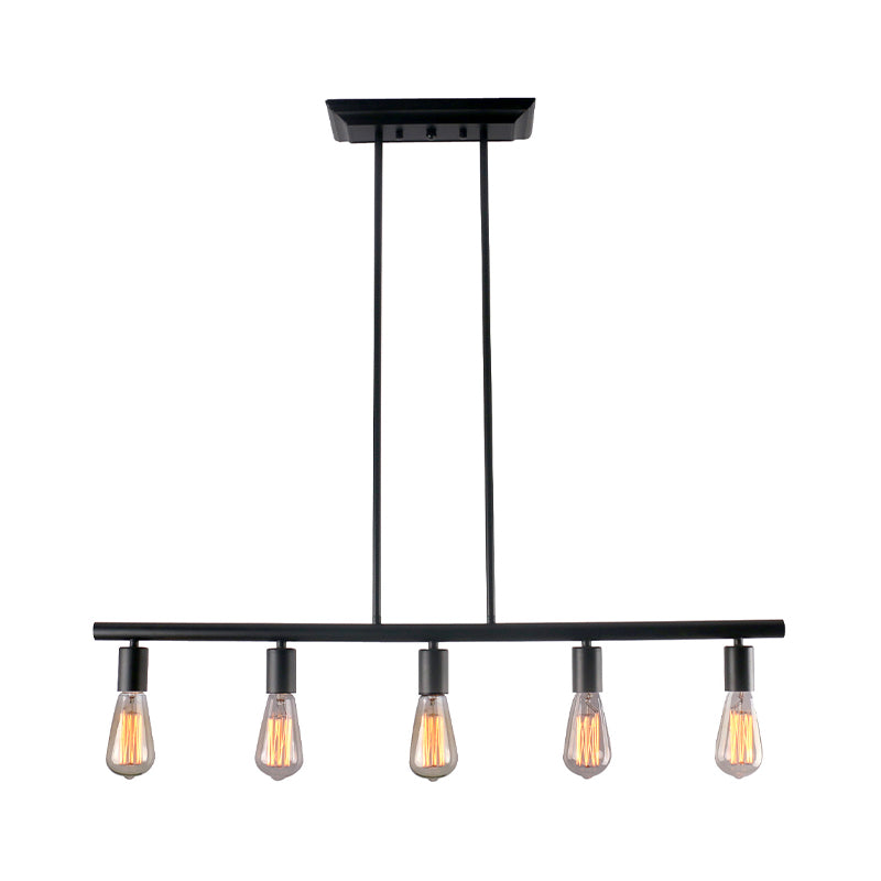 Black Finish Linear Island Lamp Vintage Style 5-Head Metallic Hanging Island Light with Bare Bulb for Dining Room