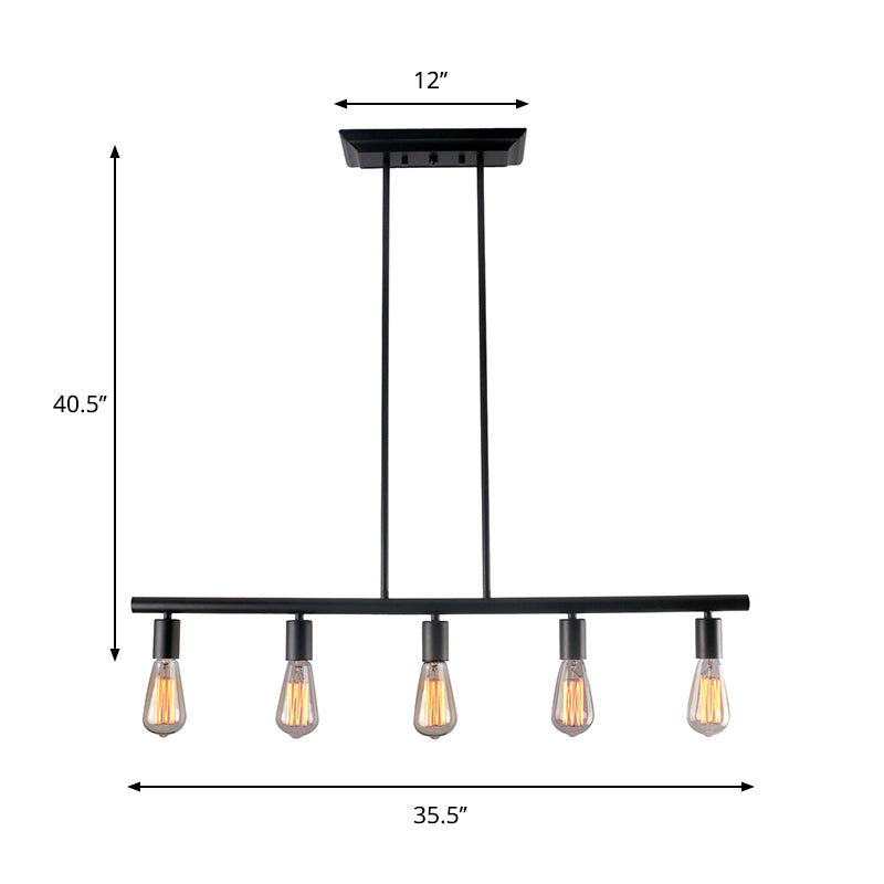 Black Finish Linear Island Lamp Vintage Style 5-Head Metallic Hanging Island Light with Bare Bulb for Dining Room