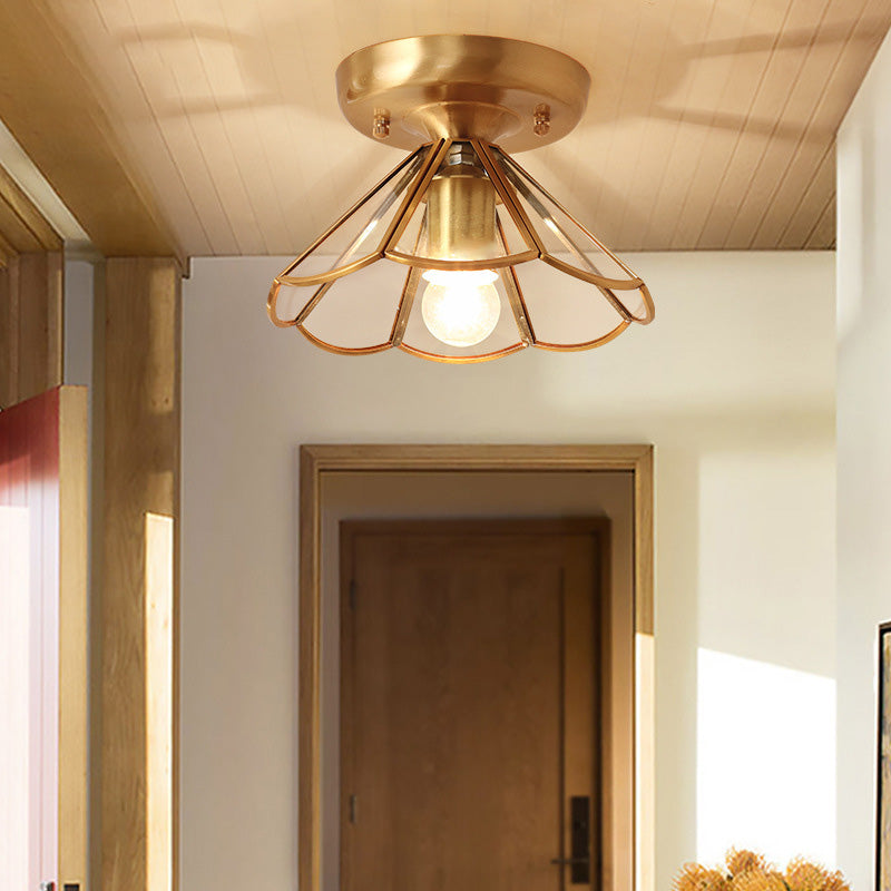 Lámpara de montaje en techo de vidrio, lámpara montada en techo de pasillo festoneado dorado minimalista