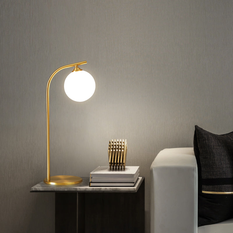 Postmodern Brass Table Lamp Ball Shaped Milk Glass 1-Light Living Room Table Light