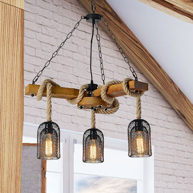Wire Mesh Restaurant Ceiling Fixture Wood and Rope 3/6 Lights Lodge Stylish Pendant Lighting with Base in Brown