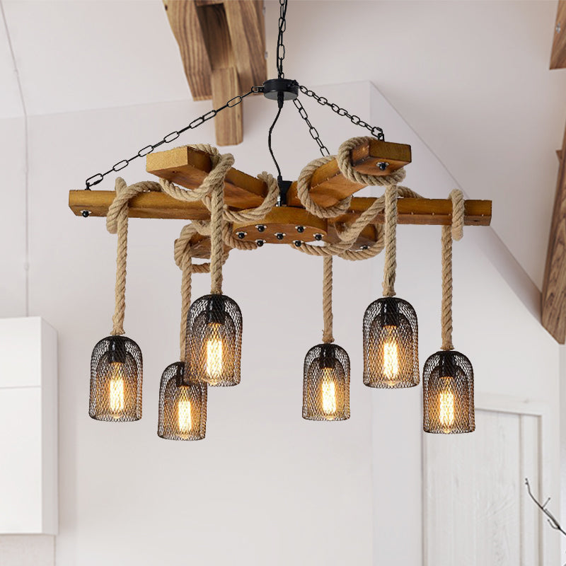 Wire Mesh Restaurant Ceiling Fixture Wood and Rope 3/6 Lights Lodge Stylish Pendant Lighting with Base in Brown