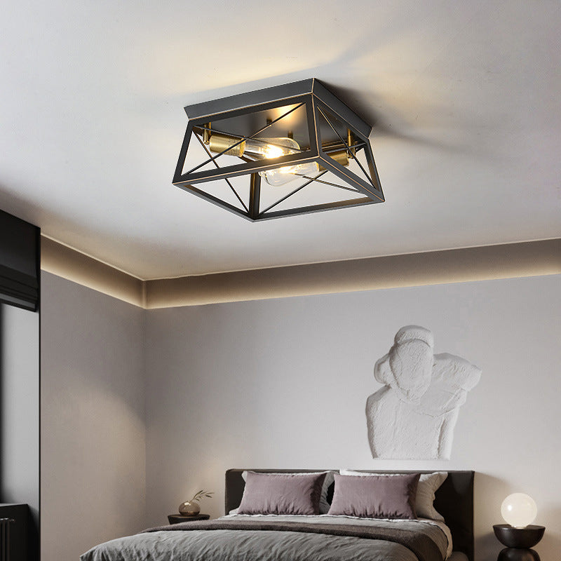 2-Lights Industrial Style Ceiling Light Rectangle Iron Cage Design Retro Flush Mount Lamp in Black