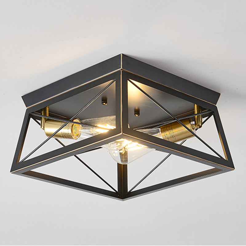 2-Lights Industrial Style Ceiling Light Rectangle Iron Cage Design Retro Flush Mount Lamp in Black