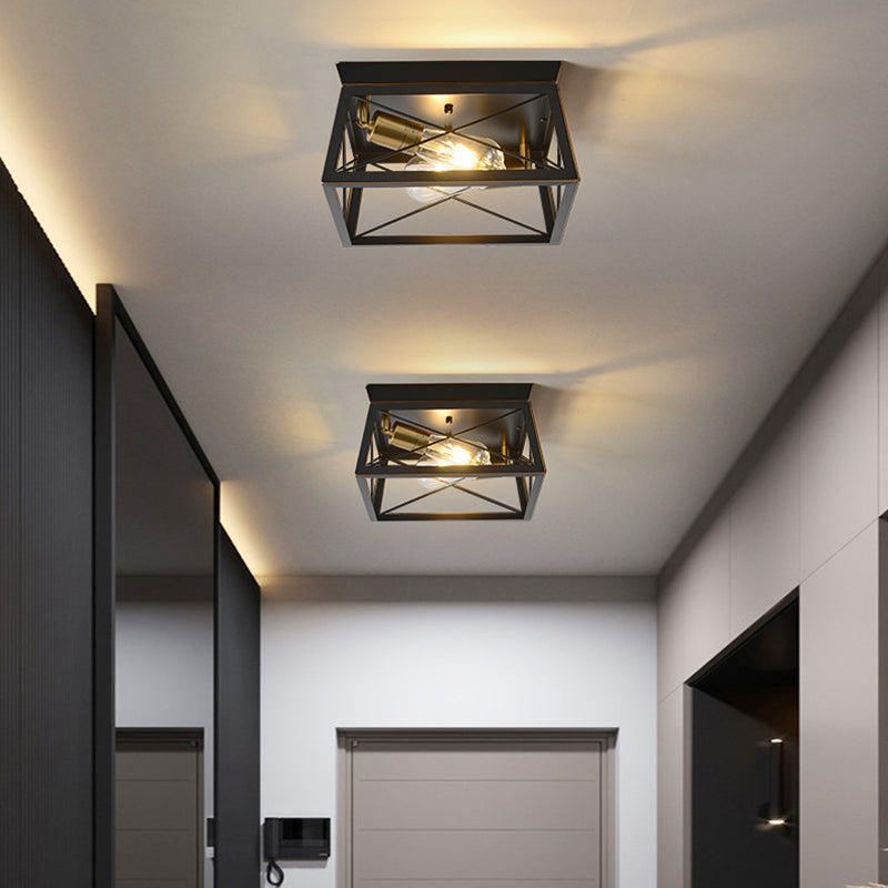 2-Lights Industrial Style Ceiling Light Rectangle Iron Cage Design Retro Flush Mount Lamp in Black
