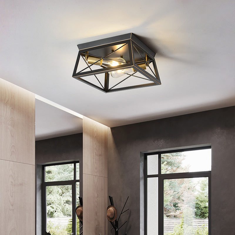 2-Lights Industrial Style Ceiling Light Rectangle Iron Cage Design Retro Flush Mount Lamp in Black
