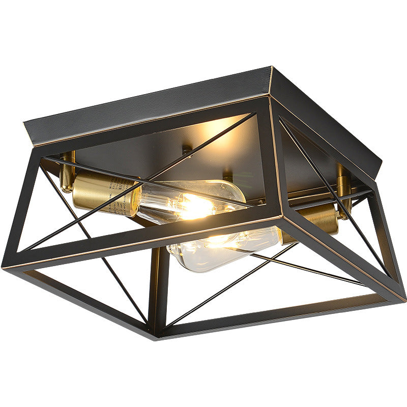 2-Lights Industrial Style Ceiling Light Rectangle Iron Cage Design Retro Flush Mount Lamp in Black