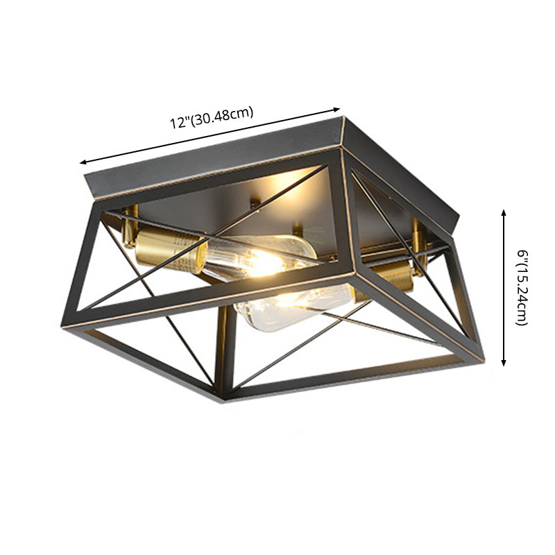 2-Lights Industrial Style Ceiling Light Rectangle Iron Cage Design Retro Flush Mount Lamp in Black