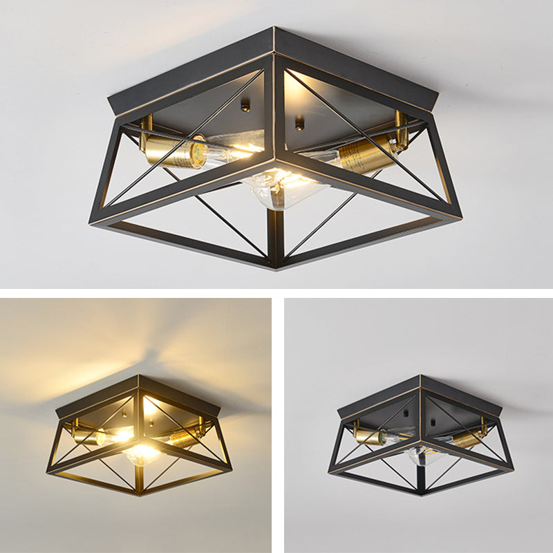 2-Lights Industrial Style Ceiling Light Rectangle Iron Cage Design Retro Flush Mount Lamp in Black
