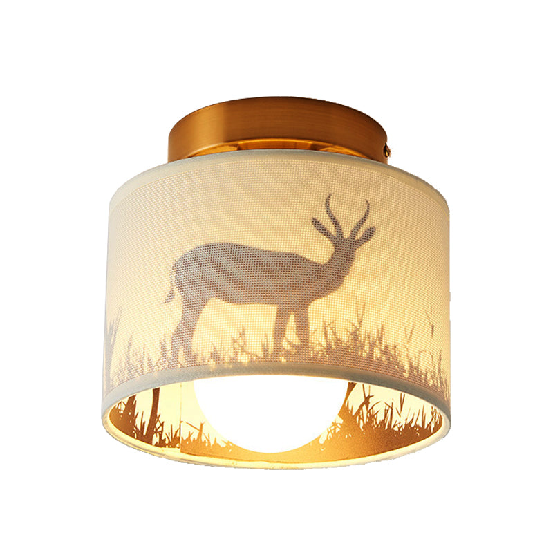 Fabric Cylinder Flush Mount Fixture with Flower/Deer Pattern Nordic 1 Bulb Flush Mount Ceiling Light for Foyer
