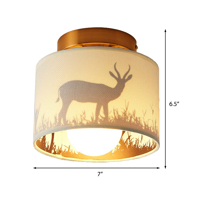 Fabric Cylinder Flush Mount Fixture with Flower/Deer Pattern Nordic 1 Bulb Flush Mount Ceiling Light for Foyer