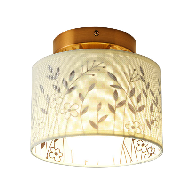 Fabric Cylinder Flush Mount Fixture with Flower/Deer Pattern Nordic 1 Bulb Flush Mount Ceiling Light for Foyer