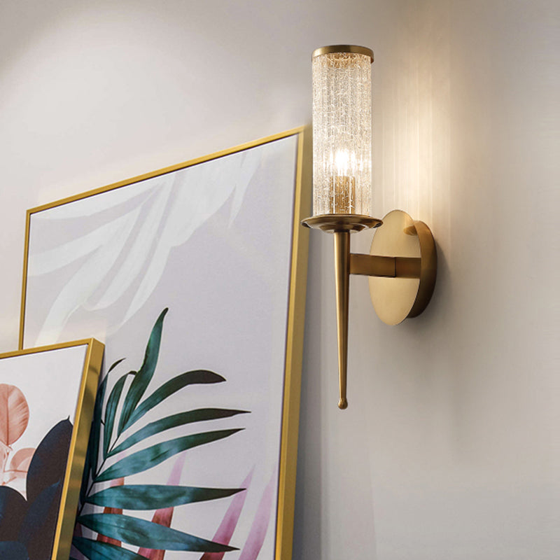 Crackle Glass Gold Wall Lighting Cylinder 1/2 Heads Vintage Wall Light Fixture with Metal Straight Arm