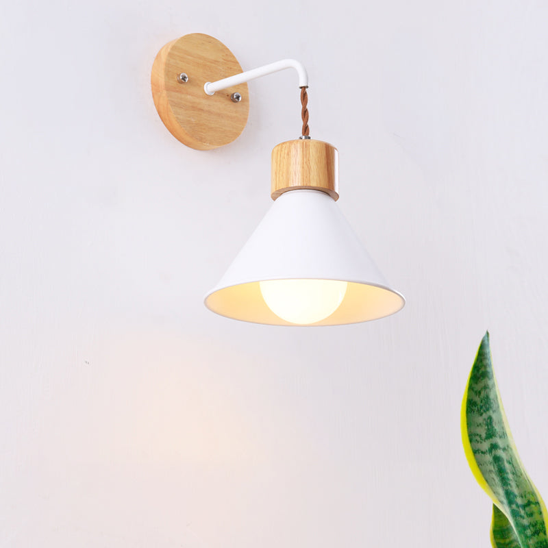Cone Shade Metallic Wall Sconce Nordic Stylish 1 Light Blue/Pink/White Wall Mount Light with Wooden Cap