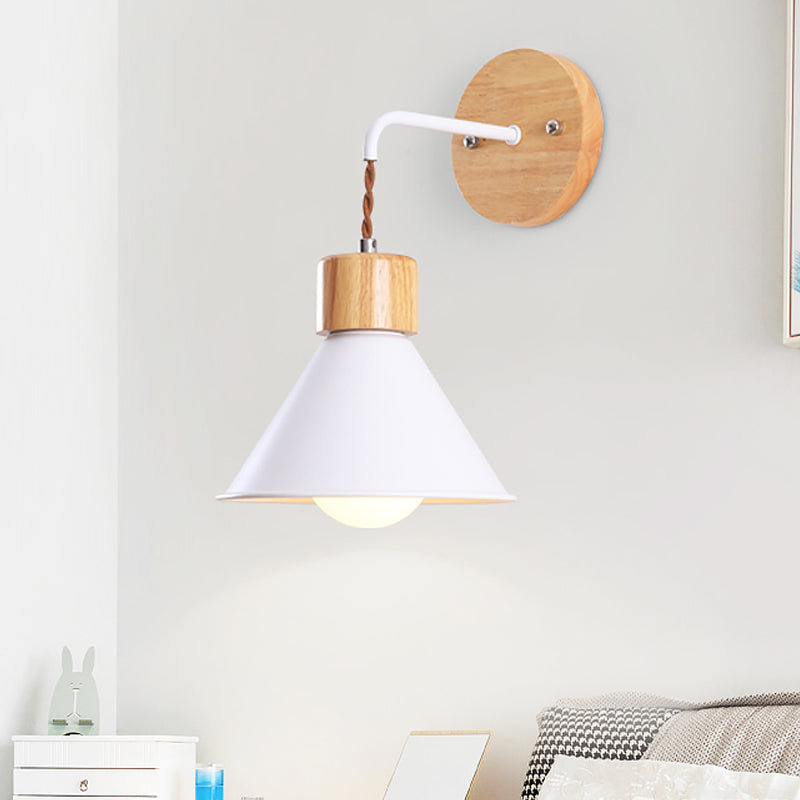 Cone Shade Metallic Wall Sconce Nordic Stylish 1 Light Blue/Pink/White Wall Mount Light with Wooden Cap