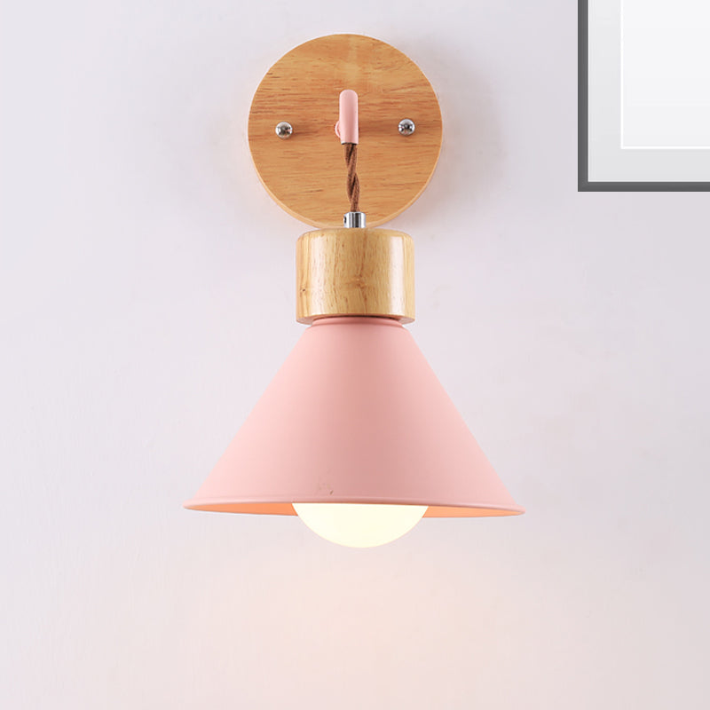 Cone Shade Metallic Wall Sconce Nordic Stylish 1 Light Blue/Pink/White Wall Mount Light with Wooden Cap