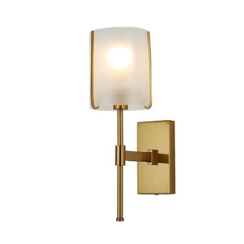 1-Head Metal Wall Lighting Traditional Gold Straight Arm Bedroom LED Wall Mount Light with Frosted Glass Shade