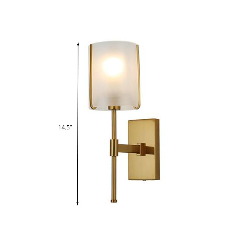 1-Head Metal Wall Lighting Traditional Gold Straight Arm Bedroom LED Wall Mount Light with Frosted Glass Shade