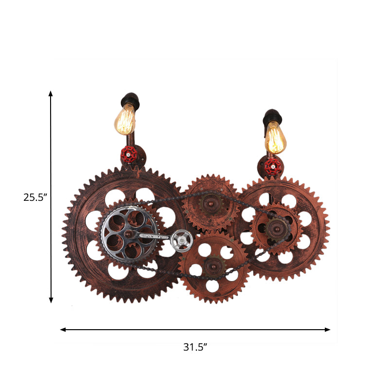 Gear Design Corridor Wall Sconce Lamp Wrought Iron 2 Lights Industrial Wall Light with Bare Bulb in Weathered Copper