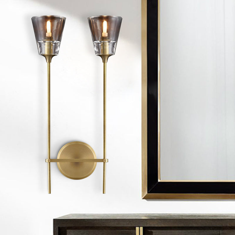 Conical Bathroom Wall Lamp Retro Clear Glass 1/2 Lights Black/Brass LED Wall Mount Lighting