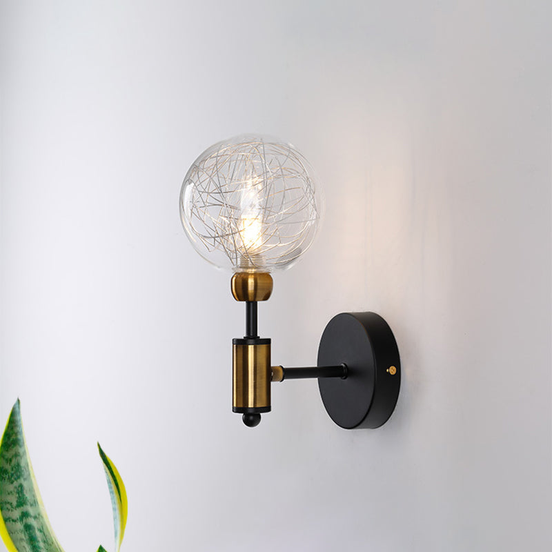 1/2-Light Bedroom Sconce Wall Light Industrial Style Black/Brass Finish Wall Lamp with Orbit Clear Glass Shade