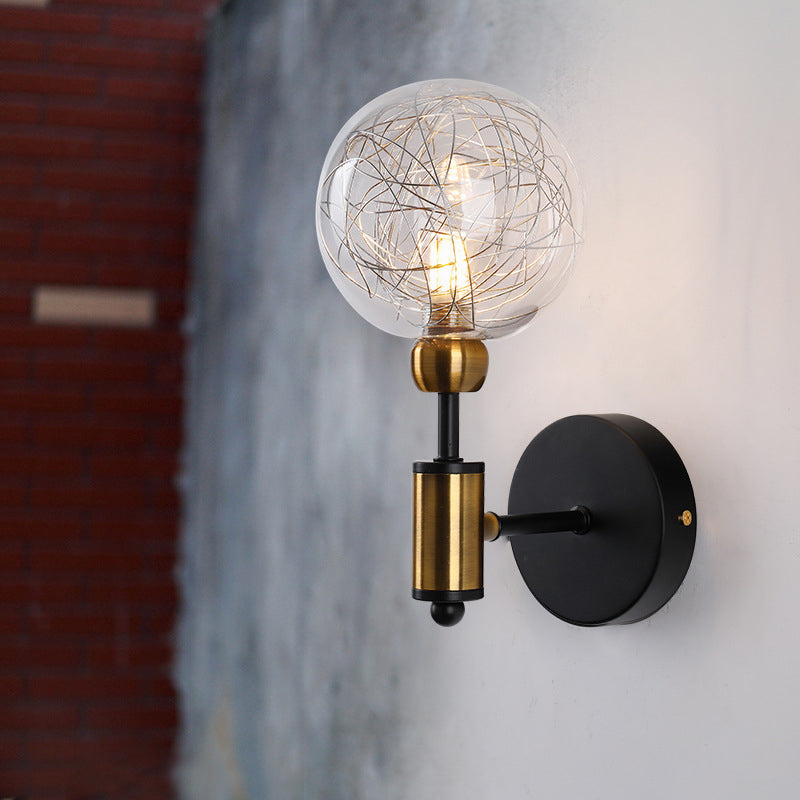 1/2-Light Bedroom Sconce Wall Light Industrial Style Black/Brass Finish Wall Lamp with Orbit Clear Glass Shade