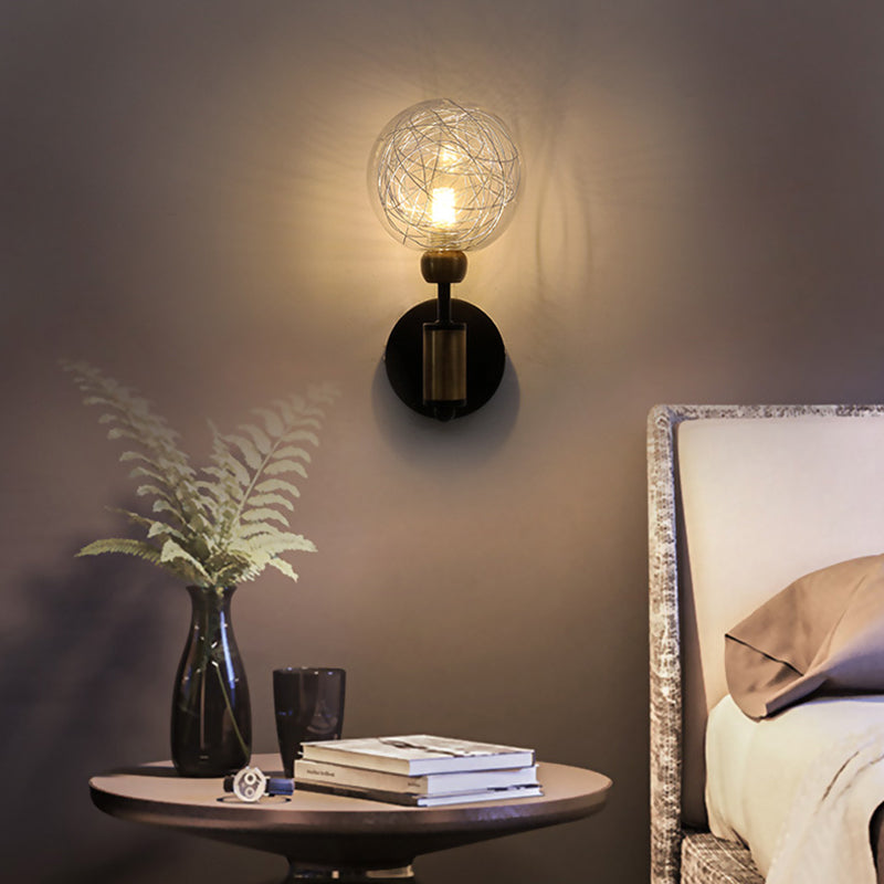 1/2-Light Bedroom Sconce Wall Light Industrial Style Black/Brass Finish Wall Lamp with Orbit Clear Glass Shade