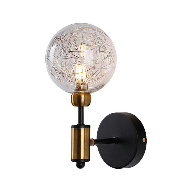 1/2-Light Bedroom Sconce Wall Light Industrial Style Black/Brass Finish Wall Lamp with Orbit Clear Glass Shade