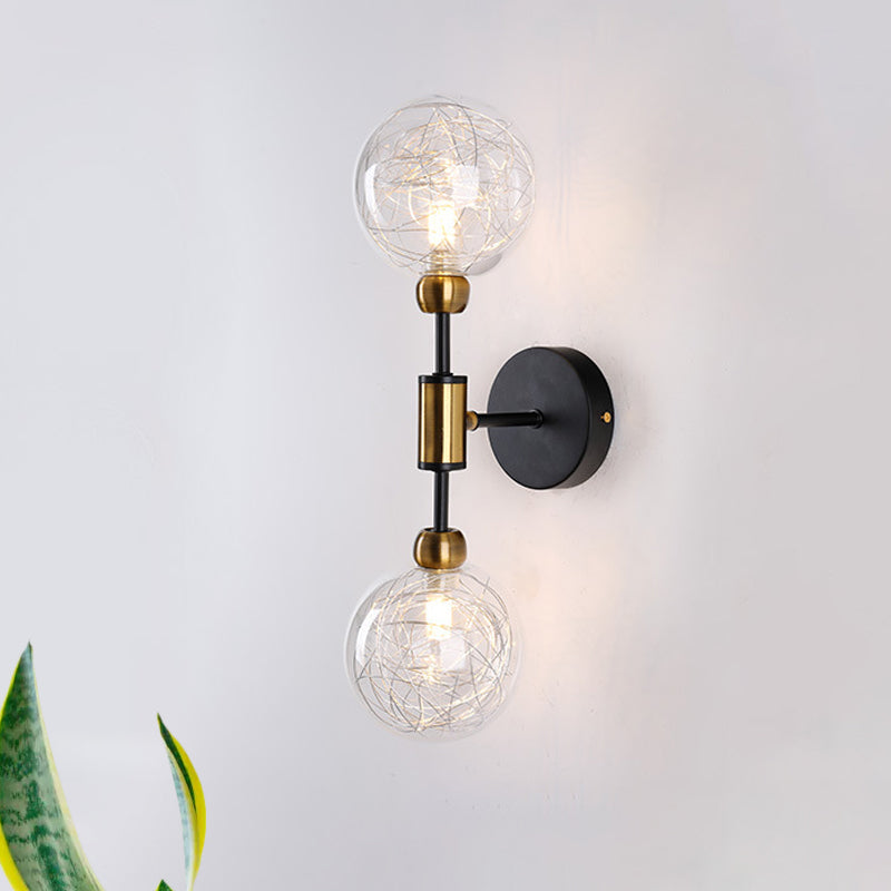 1/2-Light Bedroom Sconce Wall Light Industrial Style Black/Brass Finish Wall Lamp with Orbit Clear Glass Shade