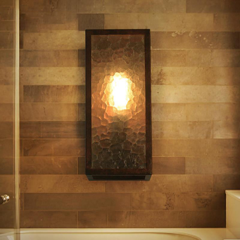 Rectangle Restaurant Sconce Lamp Clear Cracked Glass 1 Bulb Industrial Wall Lighting in Weathered Copper