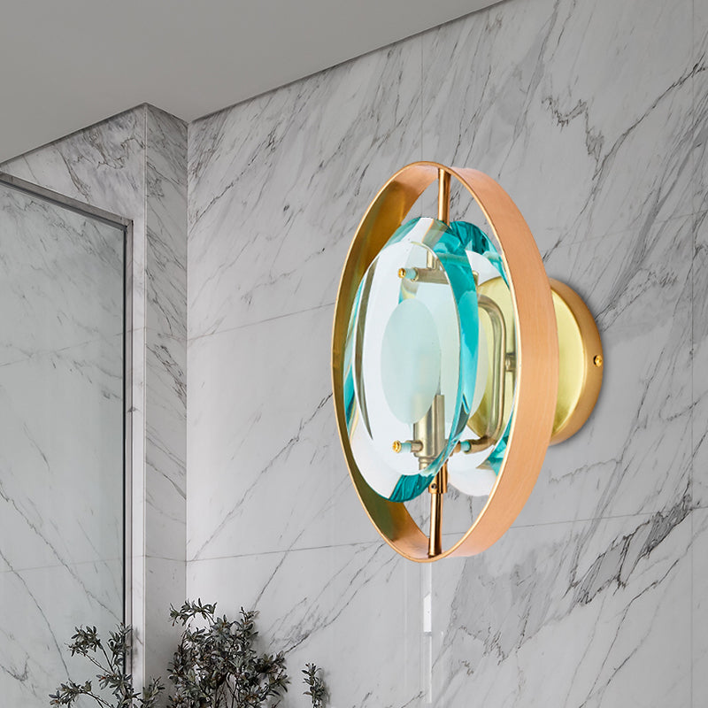 Green Crystal Gold Wall Lamp Elliptical Single Head Vintage Wall Sconce Light with Circular Backplate