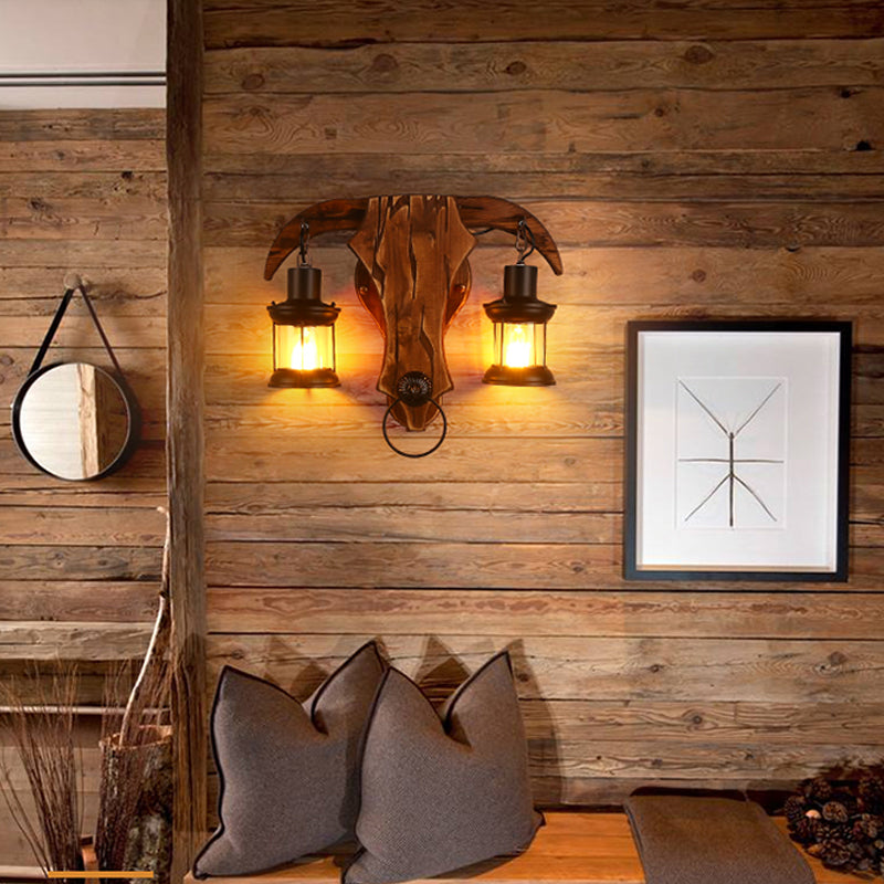Brown Bull Shaped Sconce Wall Lighting Retro Style 2 Bulbs Wood and Metal Wall Lamp with Lantern Shade