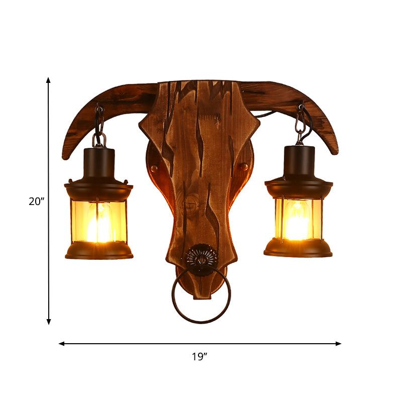 Brown Bull Shaped Sconce Wall Lighting Retro Style 2 Bulbs Wood and Metal Wall Lamp with Lantern Shade