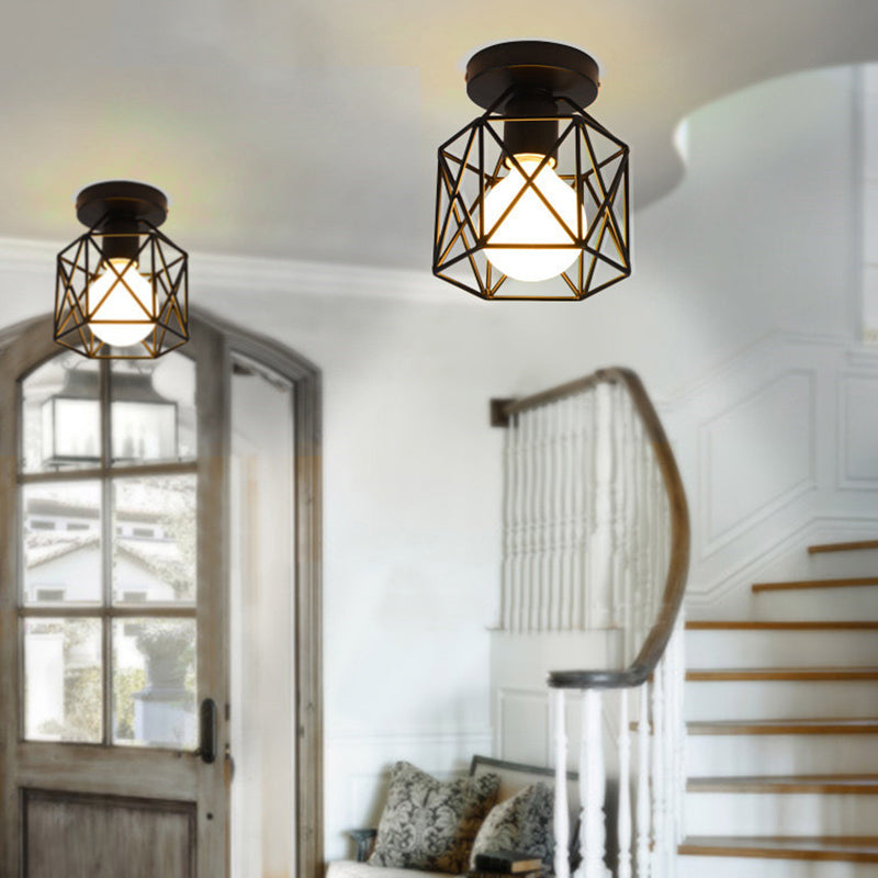 Plafonnier à cadre en fer de style vintage industriel, plafonnier d'intérieur géométrique noir
