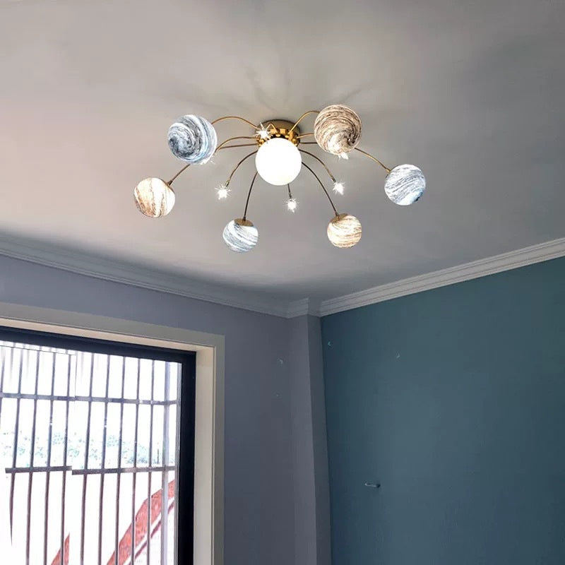 Plafonnier radial artistique moderne en fer forgé avec abat-jour en verre coloré