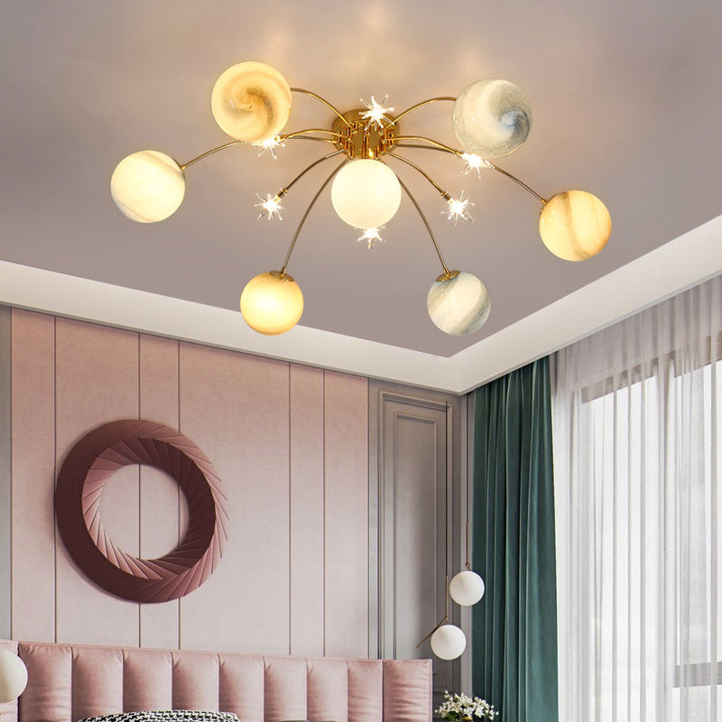 Plafonnier radial artistique moderne en fer forgé avec abat-jour en verre coloré